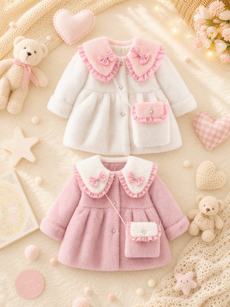 Winter Baby Girl Solid Color Long Sleeve Lapel Coat with Bow Decor, Comes with Matching Bag, Cute Sweet Fashion Windproof Warm Jacket for Infant Toddlers, Daily & Outdoor Casual Wear, 0-3T