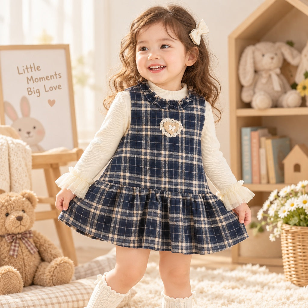 2Pcs Set Baby Girl Autumn Winter Round Neck Long Sleeve Plaid Heart Print Dress Suit, Sweet Fashion Outfit for Infant Toddlers, Daily & Outdoor Casual Wear, 0-3T