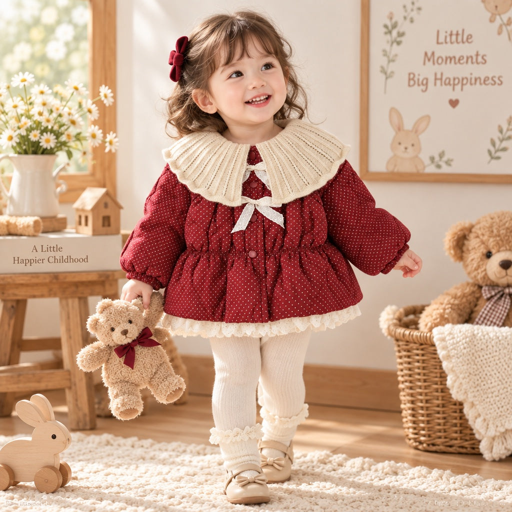 Baby Girl Red Polka Dot Winter Jacket | Lace Big Collar Long Sleeve Warm Windproof Coat, Children's Clothing for Christmas, Thanksgiving, New Year, Daily & Outdoor Wear  0-4T