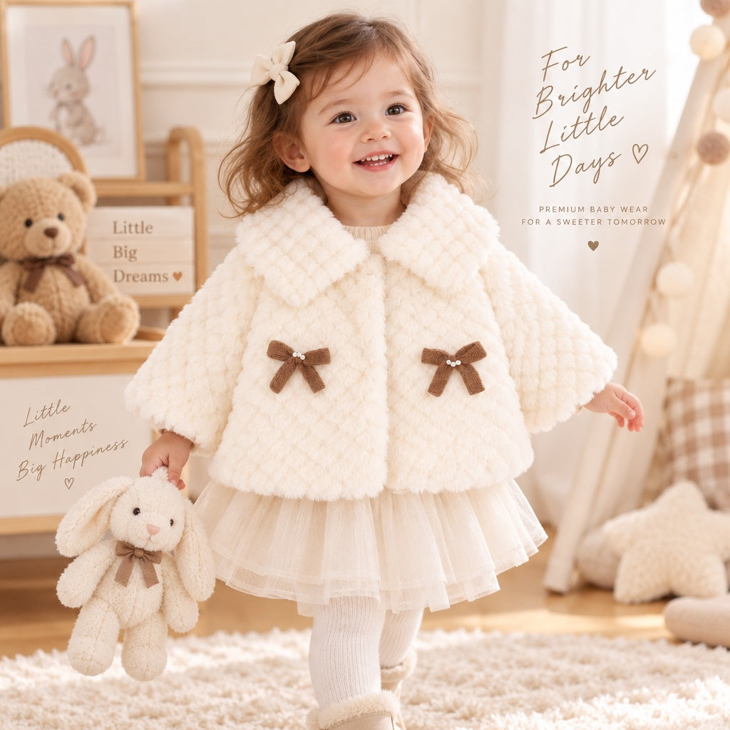 Baby Girl Autumn Winter Long Sleeve Solid Cape Coat with Square Lapel & Bow Decor, Cute Sweet Warm Jacket for Infant Toddlers, Daily & Outdoor Casual Wear, 0-3T