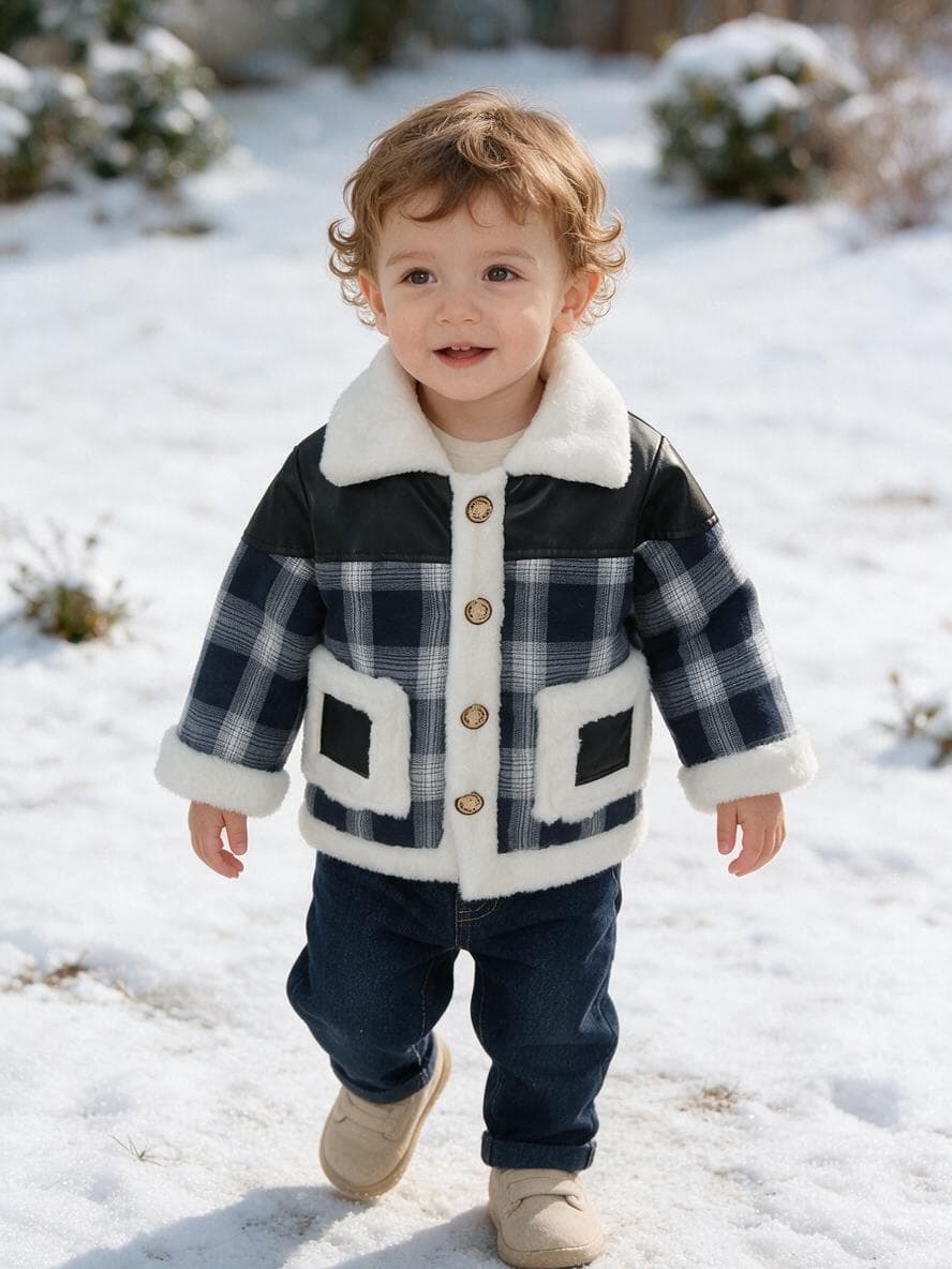 Baby Boy Plaid Long Sleeve Winter Coat, Korean Style Fashion Lapel Warm Windproof Cold Resistant Jacket, Casual Outfit for Daily & Outdoor Wear, 1-4T