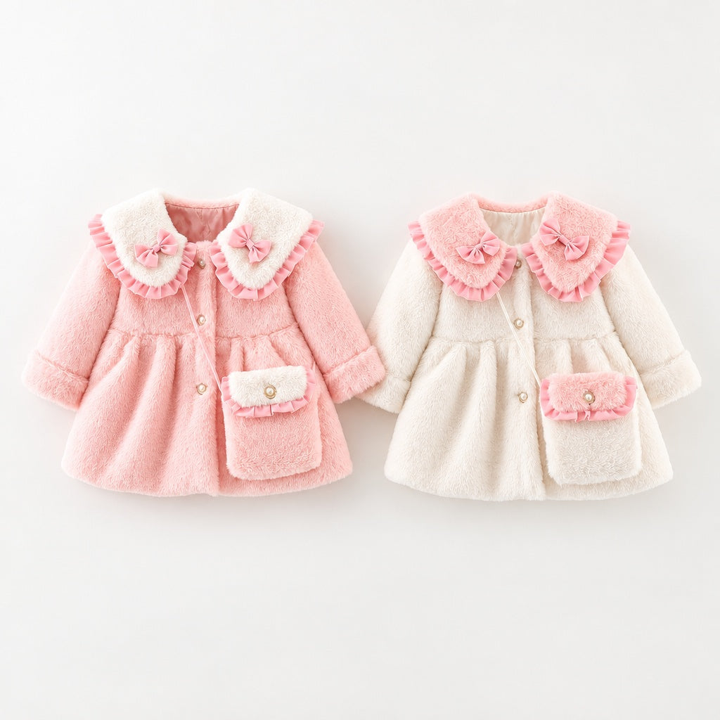 Winter Baby Girl Solid Color Long Sleeve Lapel Coat with Bow Decor, Comes with Matching Bag, Cute Sweet Fashion Windproof Warm Jacket for Infant Toddlers, Daily & Outdoor Casual Wear, 0-3T