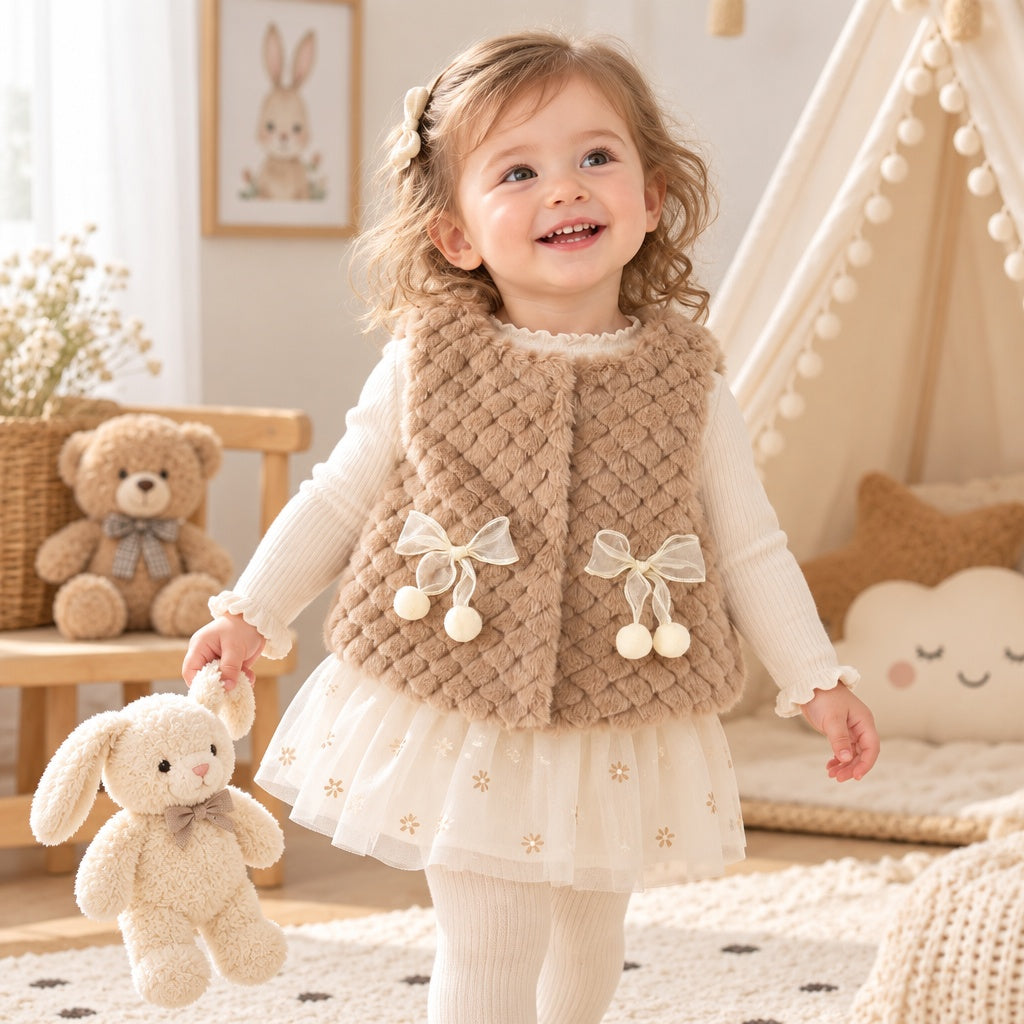 Baby Girl Solid Color Sleeveless Round Neck Vest with Bow Decor for Winter & Autumn, Cute Sweet Warm Waistcoat, Daily & Outdoor Casual Wear, 0-3T