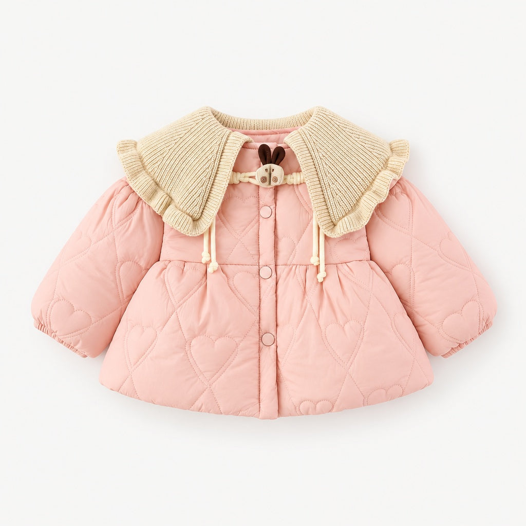 Baby Girl Solid Color Long Sleeve Winter Coat, Sweet Cute Knit Collar Warm Padded Jacket for Infant Toddlers, Daily & Outdoor Casual Wear, 0-4T