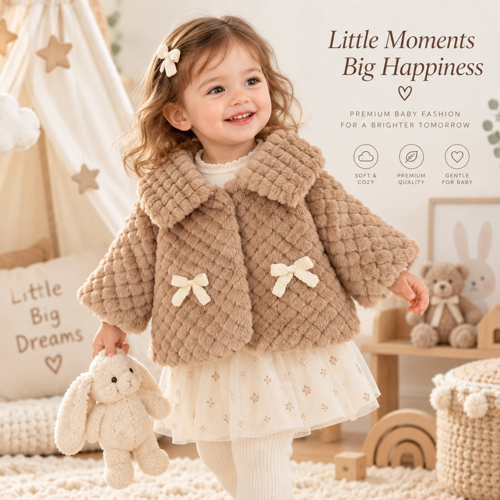 Baby Girl Autumn Winter Long Sleeve Solid Cape Coat with Square Lapel & Bow Decor, Cute Sweet Warm Jacket for Infant Toddlers, Daily & Outdoor Casual Wear, 0-3T