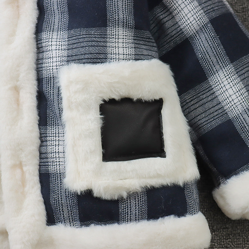 Baby Boy Plaid Long Sleeve Winter Coat, Korean Style Fashion Lapel Warm Windproof Cold Resistant Jacket, Casual Outfit for Daily & Outdoor Wear, 1-4T