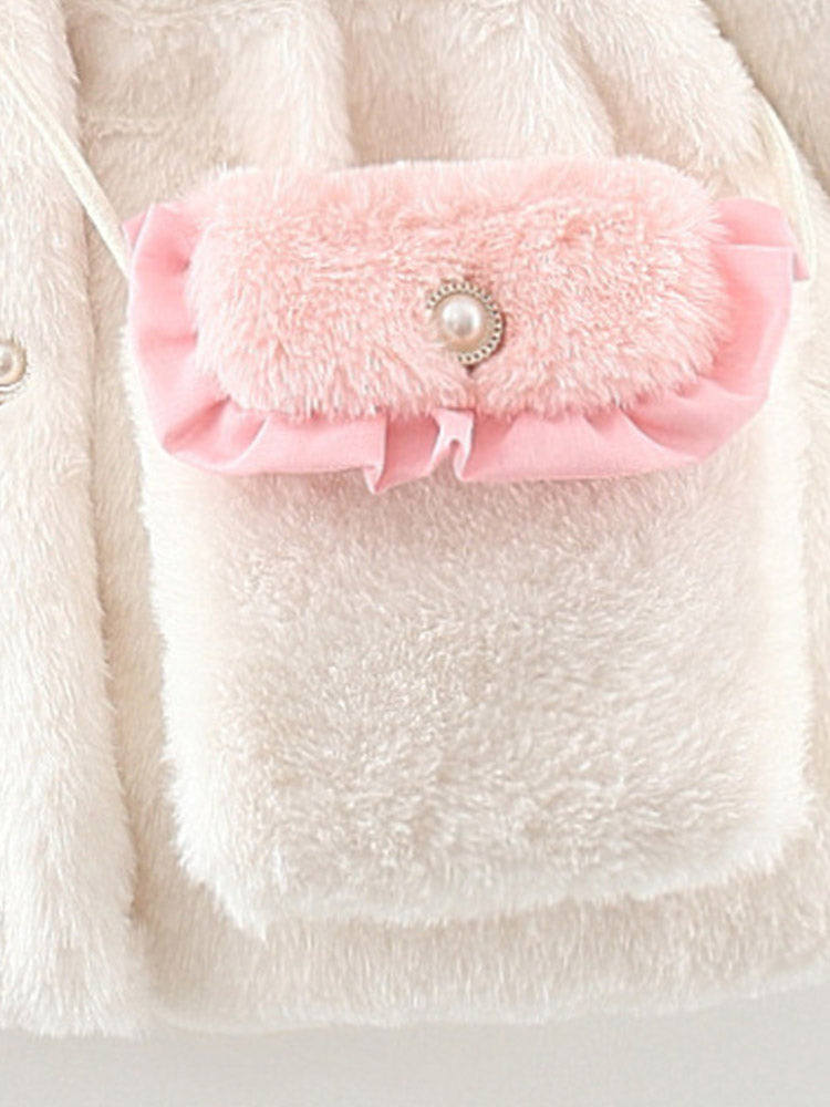 Winter Baby Girl Solid Color Long Sleeve Lapel Coat with Bow Decor, Comes with Matching Bag, Cute Sweet Fashion Windproof Warm Jacket for Infant Toddlers, Daily & Outdoor Casual Wear, 0-3T