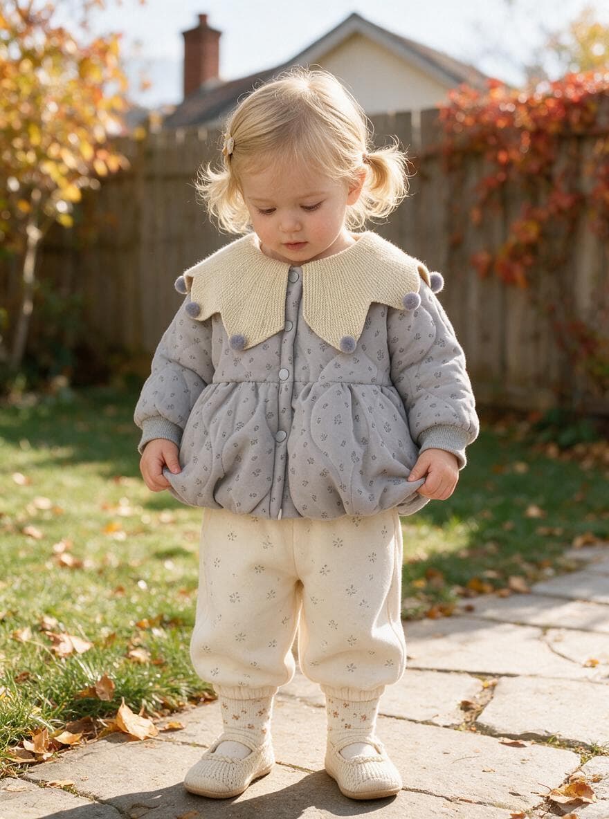 Baby Girl Floral Long Sleeve Winter Coat, Sweet Knit Collar Warm Padded Jacket for Toddler Infants, Cute Outfit for Daily & Outdoor Wear, 0-4T