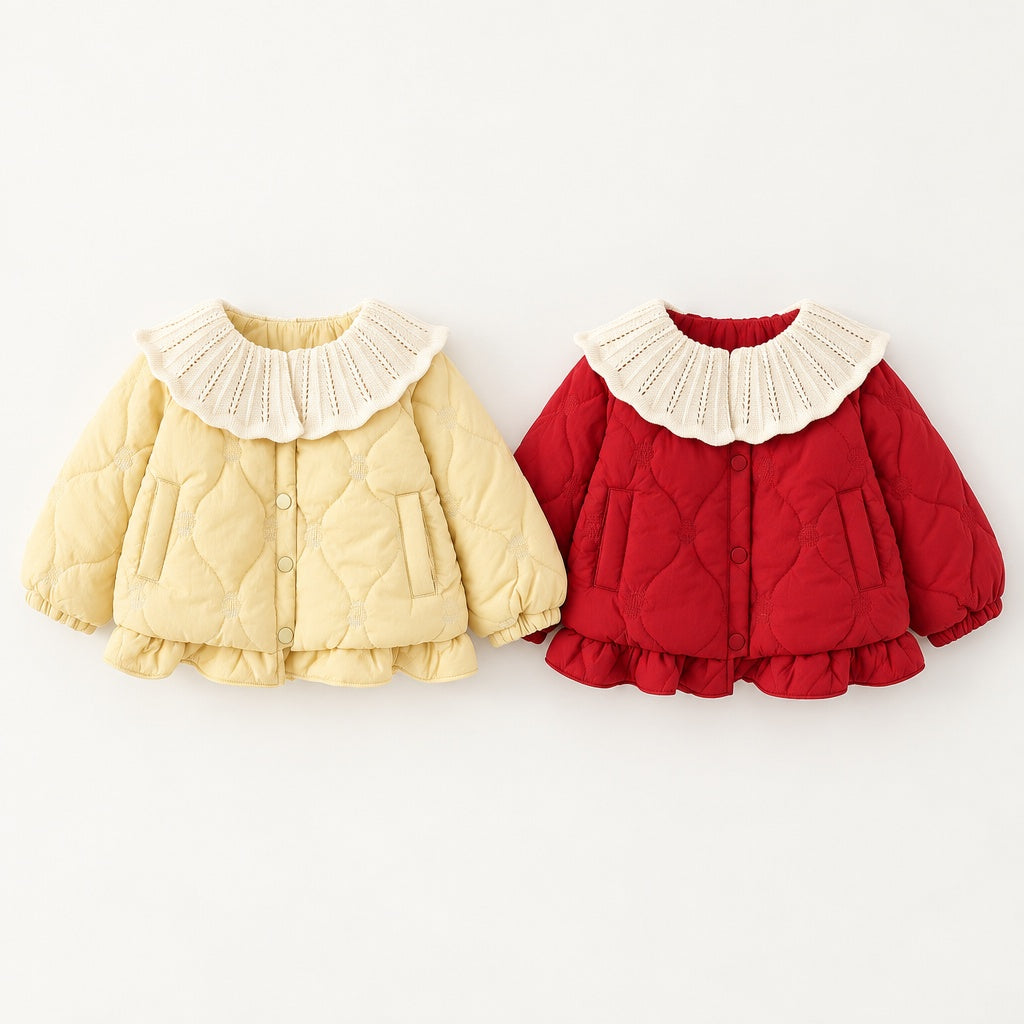 Toddler Baby Girl Winter Coat, Large Collar Warm Jacket, Sweet Long Sleeve Padded Outfit for New Year, Christmas, Daily & Outdoor Wear 0-4T