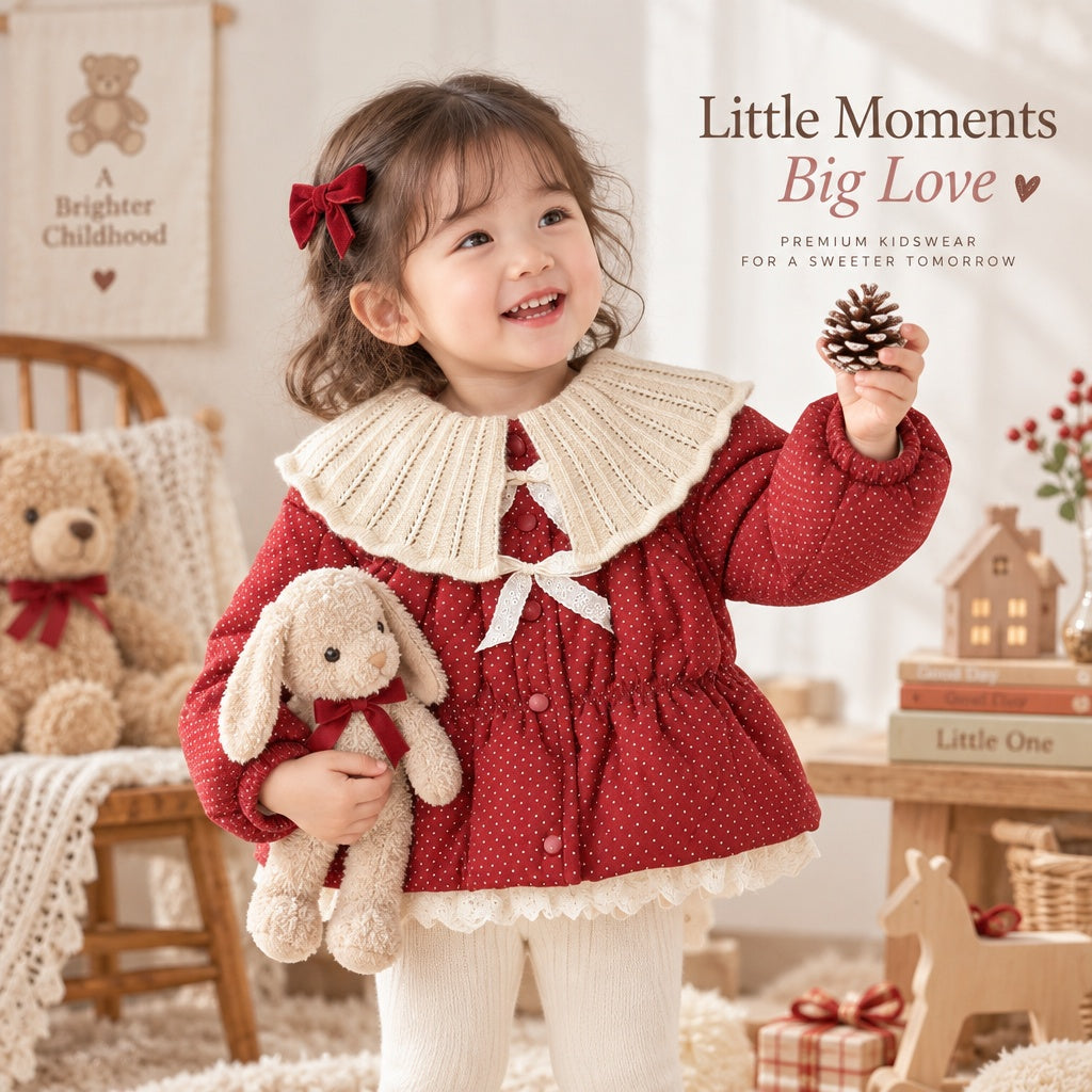 Baby Girl Red Polka Dot Winter Jacket | Lace Big Collar Long Sleeve Warm Windproof Coat, Children's Clothing for Christmas, Thanksgiving, New Year, Daily & Outdoor Wear  0-4T