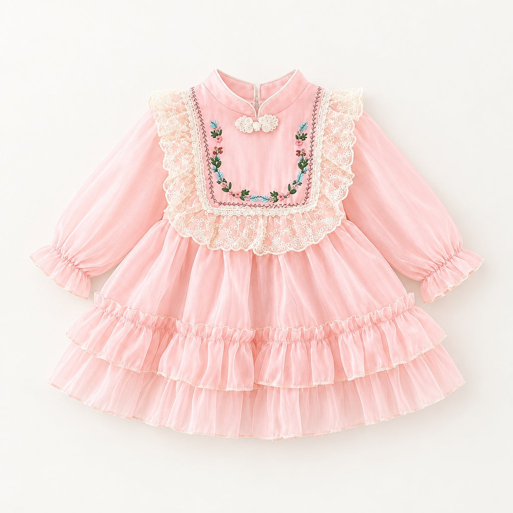Baby Girl Long Sleeve Chinese Style Floral Dress for Spring & Autumn, Cute Sweet Fashion Warm Outfit, Daily & Outdoor Casual Wear, 0-3T
