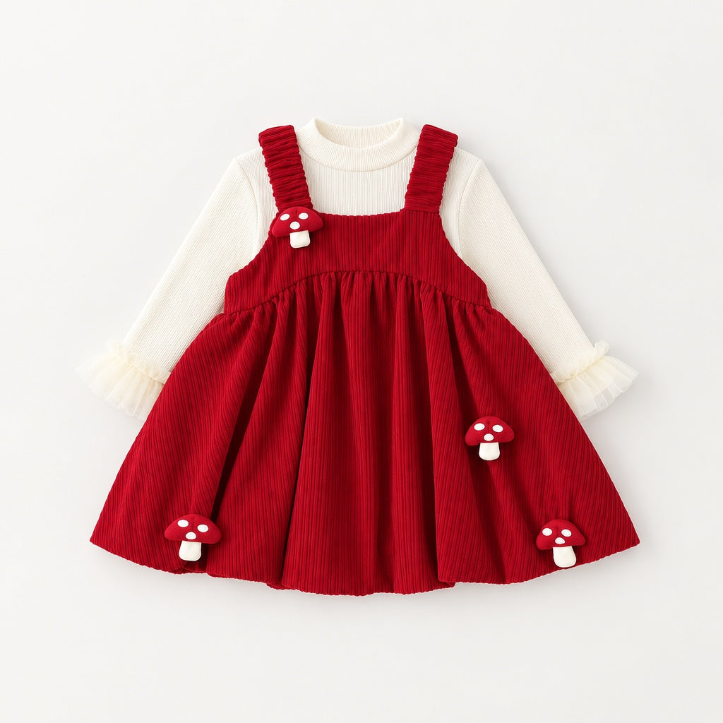 2-Piece Set Baby Girl Autumn Winter Round Neck Long Sleeve Dress with Mushroom Pattern, Cute Sweet Warm Outfit for Infant Toddlers, Daily & Outdoor Casual Wear, 0-3T