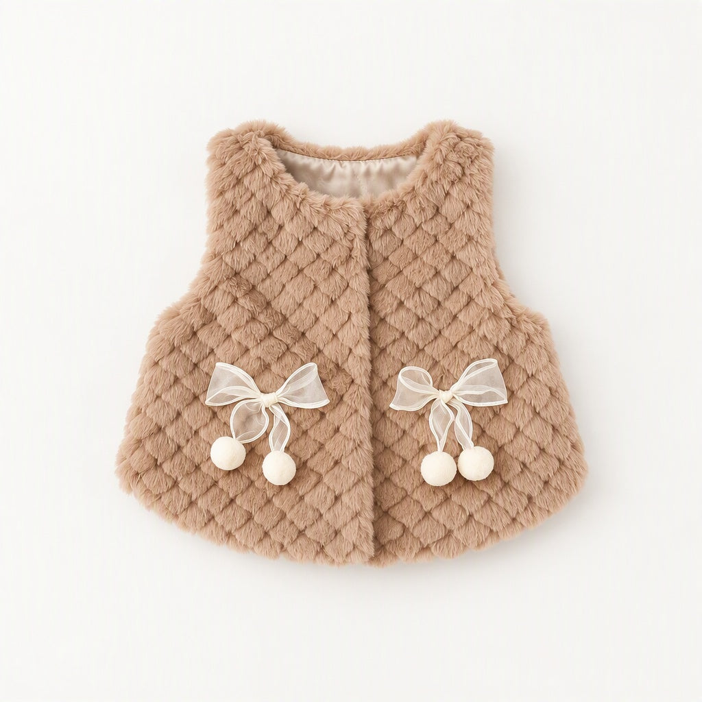 Baby Girl Solid Color Sleeveless Round Neck Vest with Bow Decor for Winter & Autumn, Cute Sweet Warm Waistcoat, Daily & Outdoor Casual Wear, 0-3T