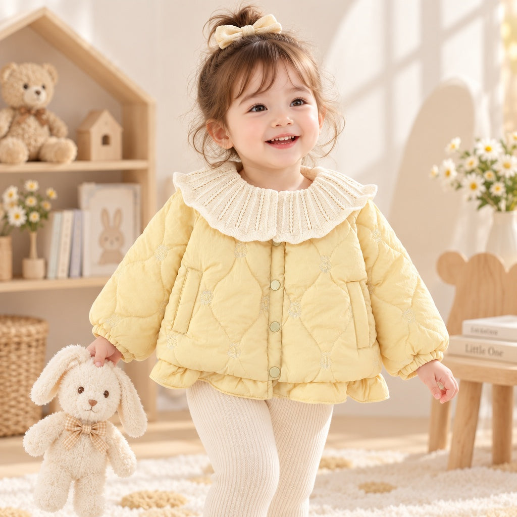 Toddler Baby Girl Winter Coat, Large Collar Warm Jacket, Sweet Long Sleeve Padded Outfit for New Year, Christmas, Daily & Outdoor Wear 0-4T