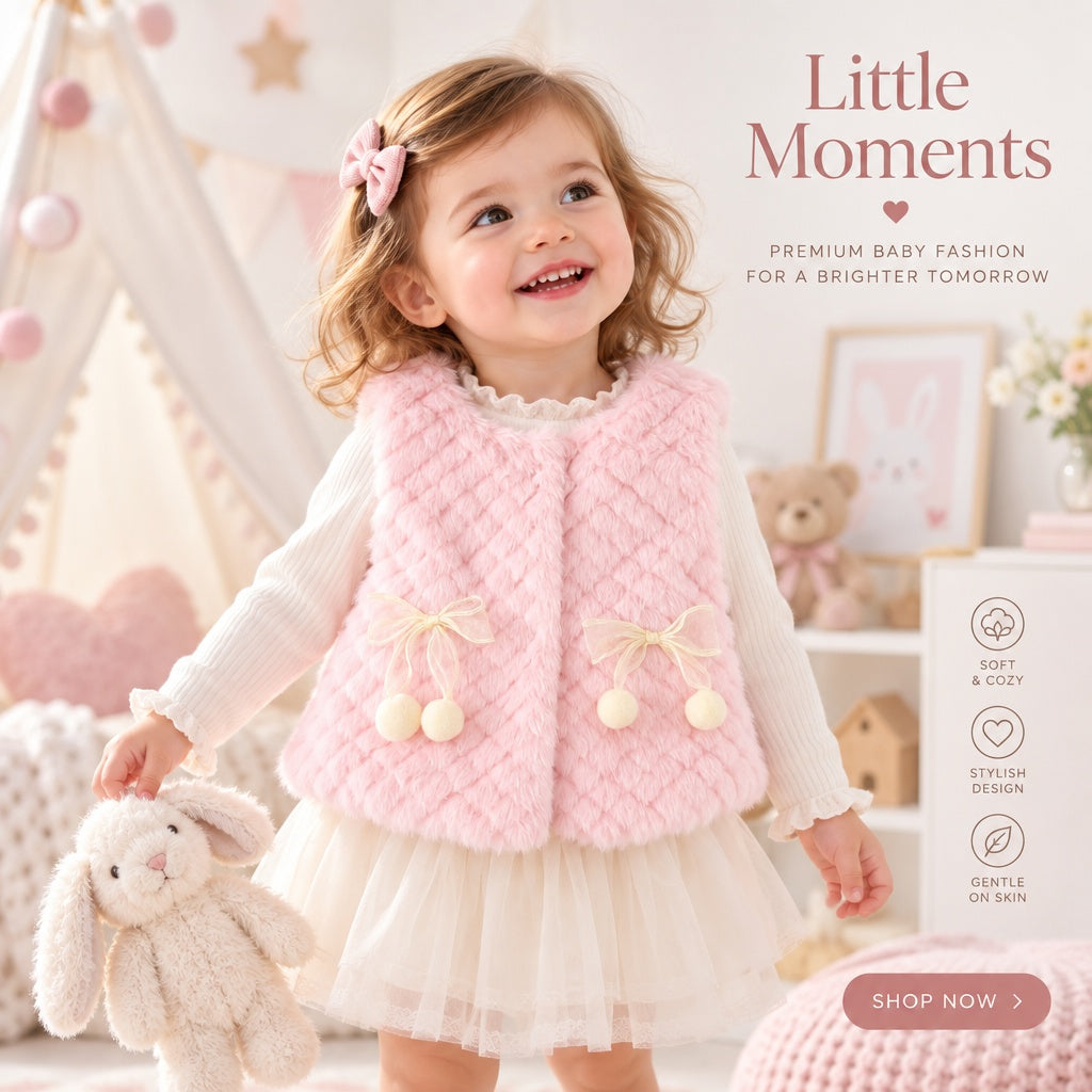 Baby Girl Solid Color Sleeveless Round Neck Vest with Bow Decor for Winter & Autumn, Cute Sweet Warm Waistcoat, Daily & Outdoor Casual Wear, 0-3T