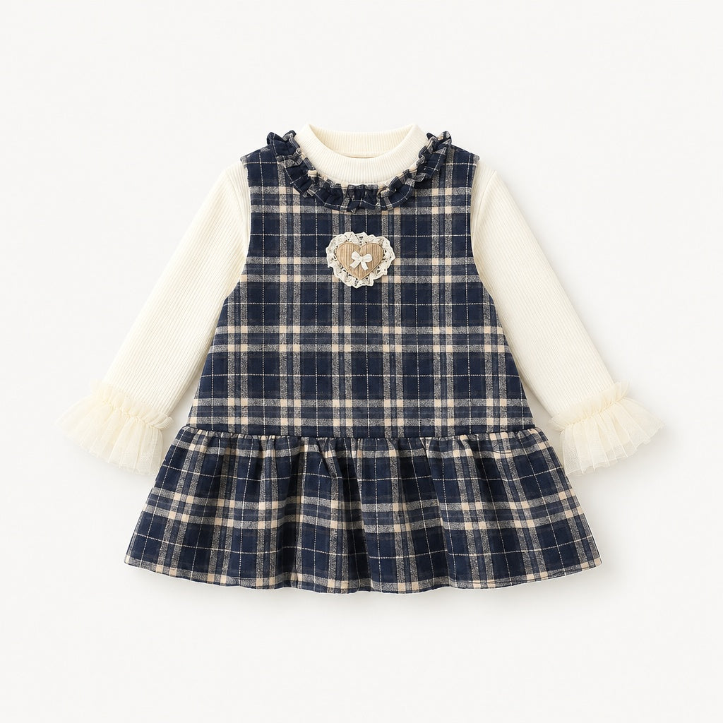 2Pcs Set Baby Girl Autumn Winter Round Neck Long Sleeve Plaid Heart Print Dress Suit, Sweet Fashion Outfit for Infant Toddlers, Daily & Outdoor Casual Wear, 0-3T