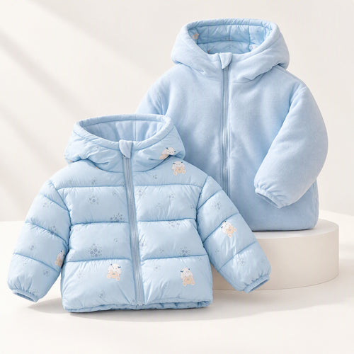 Autumn Winter Baby Girl Fleece Jacket Thermal Hooded Long-sleeved Boy Jacket Thickened Windproof Double-sided Wear Neutral Outdoor Leisure Sports Cotton Clothes