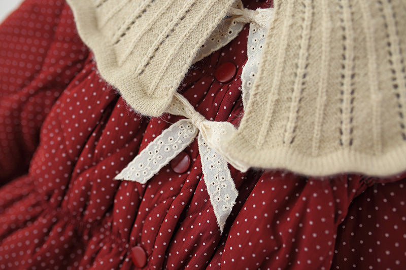 Baby Girl Red Polka Dot Winter Jacket | Lace Big Collar Long Sleeve Warm Windproof Coat, Children's Clothing for Christmas, Thanksgiving, New Year, Daily & Outdoor Wear  0-4T