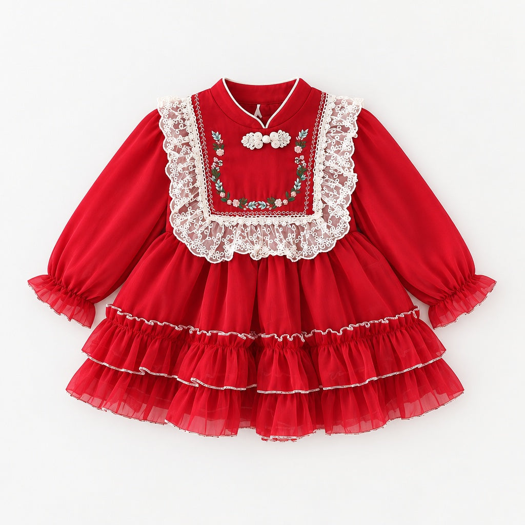 Baby Girl Long Sleeve Chinese Style Floral Dress for Spring & Autumn, Cute Sweet Fashion Warm Outfit, Daily & Outdoor Casual Wear, 0-3T