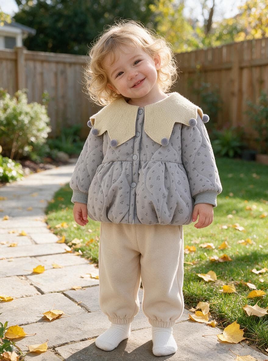 Baby Girl Floral Long Sleeve Winter Coat, Sweet Knit Collar Warm Padded Jacket for Toddler Infants, Cute Outfit for Daily & Outdoor Wear, 0-4T
