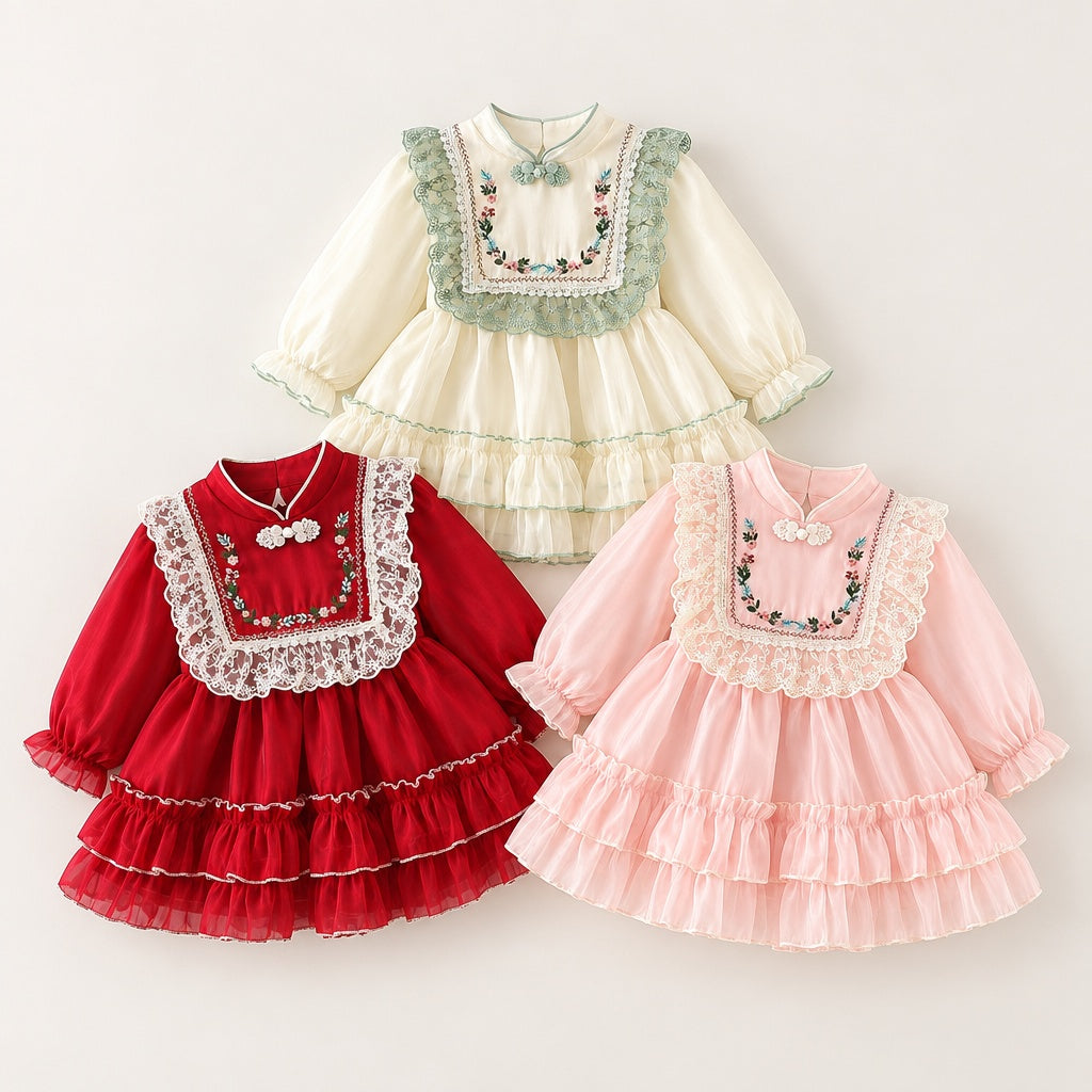 Baby Girl Long Sleeve Chinese Style Floral Dress for Spring & Autumn, Cute Sweet Fashion Warm Outfit, Daily & Outdoor Casual Wear, 0-3T
