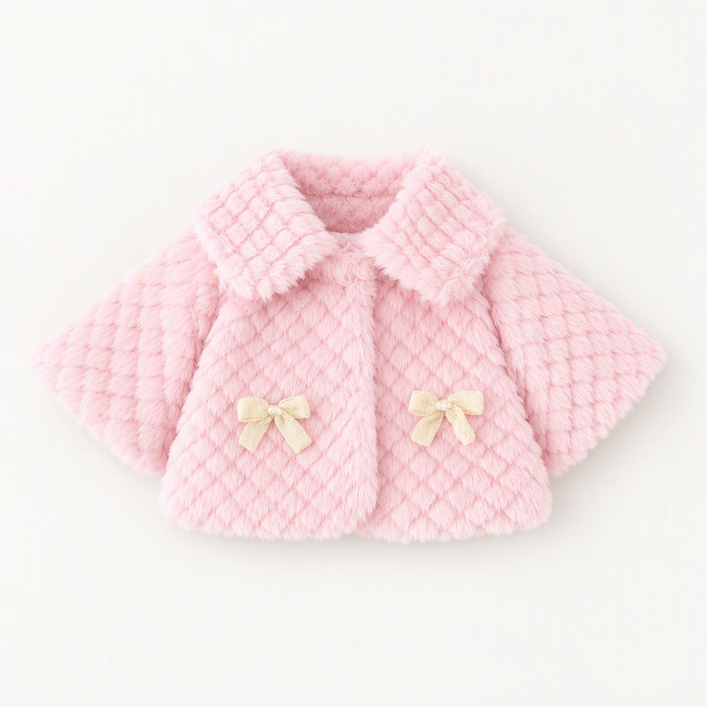 Baby Girl Autumn Winter Long Sleeve Solid Cape Coat with Square Lapel & Bow Decor, Cute Sweet Warm Jacket for Infant Toddlers, Daily & Outdoor Casual Wear, 0-3T