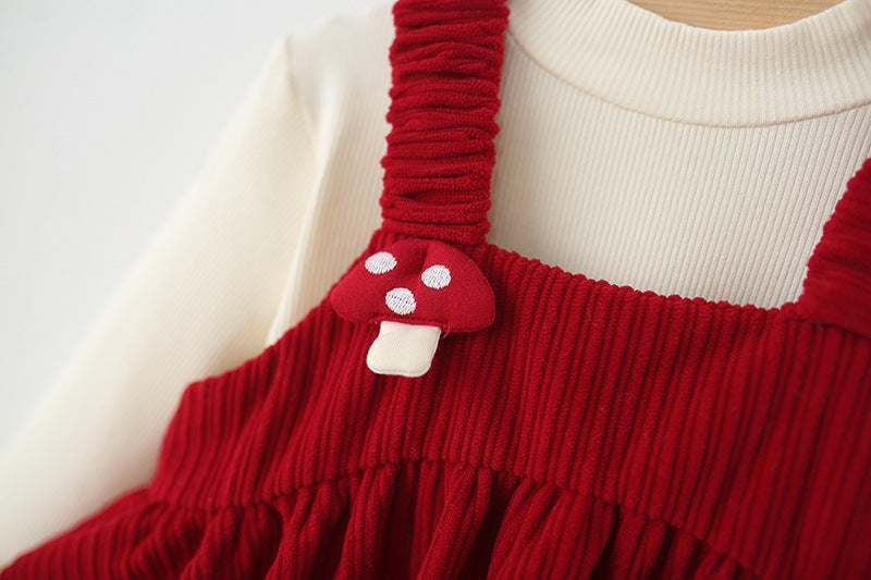 2-Piece Set Baby Girl Autumn Winter Round Neck Long Sleeve Dress with Mushroom Pattern, Cute Sweet Warm Outfit for Infant Toddlers, Daily & Outdoor Casual Wear, 0-3T