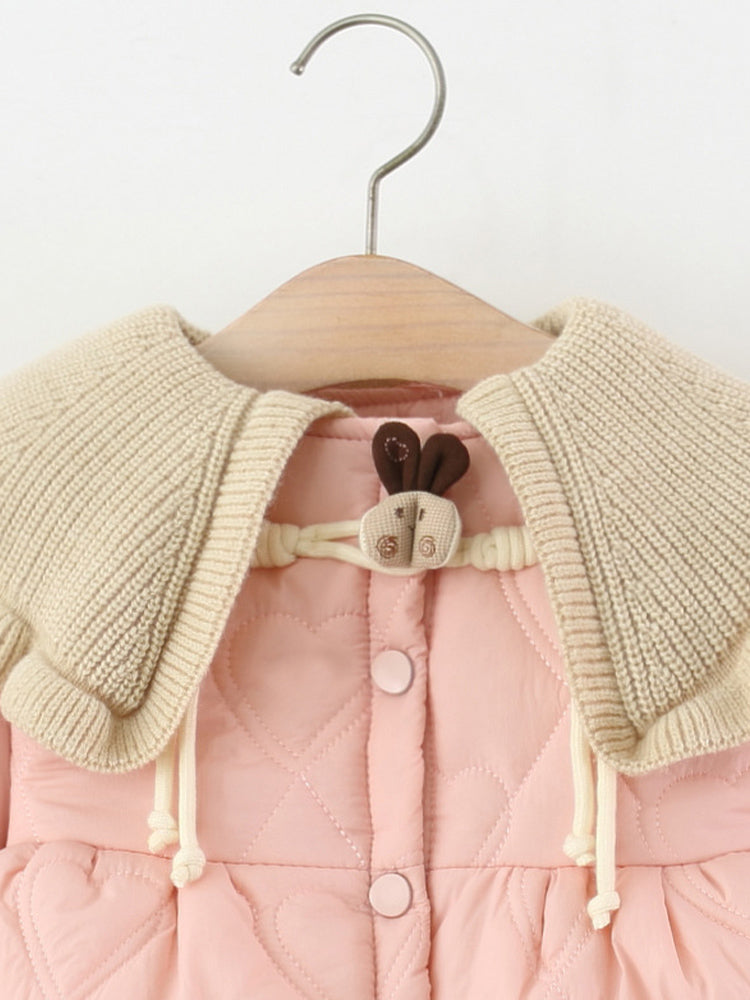 Baby Girl Solid Color Long Sleeve Winter Coat, Sweet Cute Knit Collar Warm Padded Jacket for Infant Toddlers, Daily & Outdoor Casual Wear, 0-4T