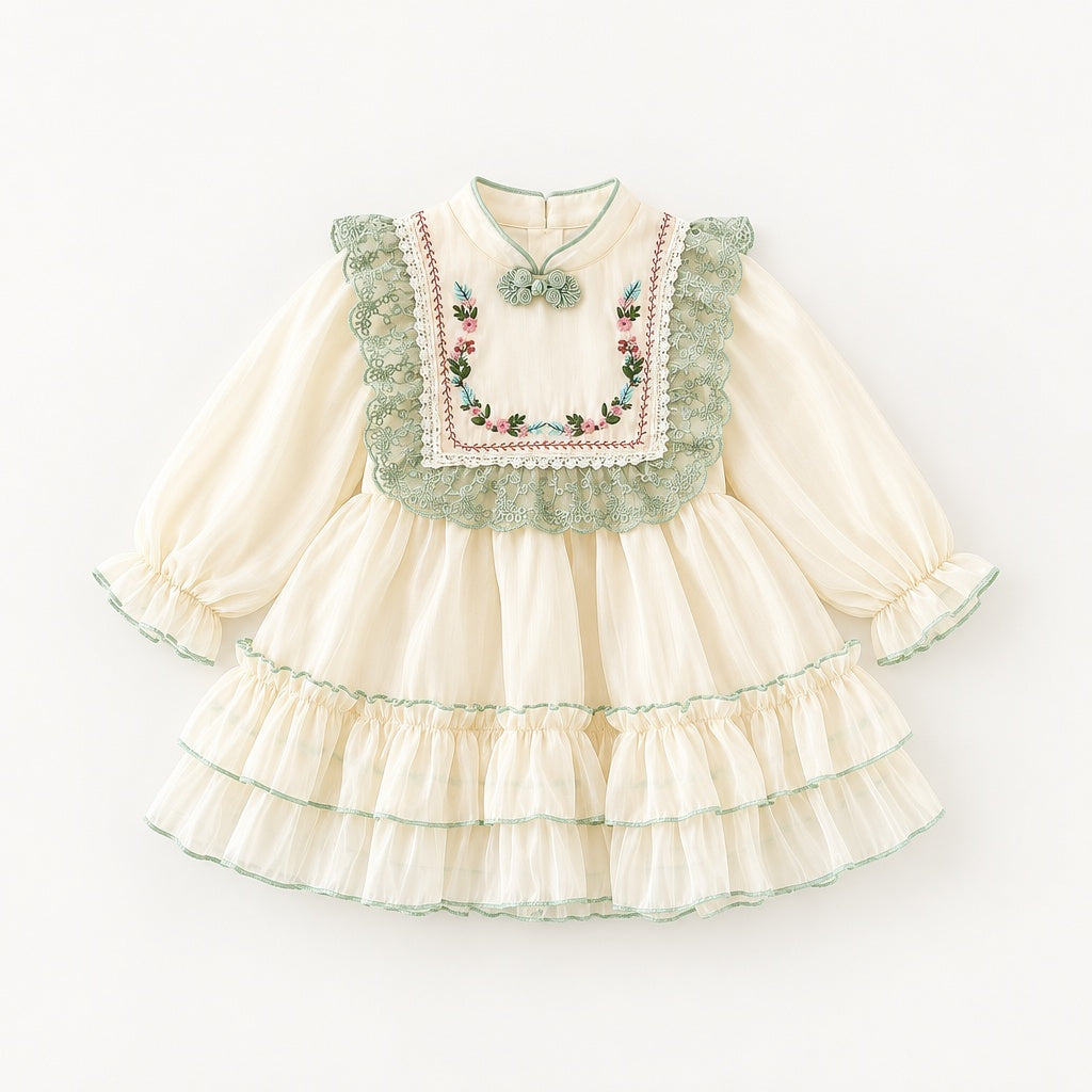 Baby Girl Long Sleeve Chinese Style Floral Dress for Spring & Autumn, Cute Sweet Fashion Warm Outfit, Daily & Outdoor Casual Wear, 0-3T