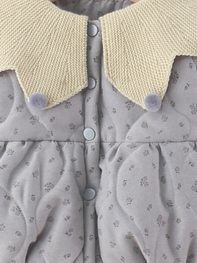 Baby Girl Floral Long Sleeve Winter Coat, Sweet Knit Collar Warm Padded Jacket for Toddler Infants, Cute Outfit for Daily & Outdoor Wear, 0-4T