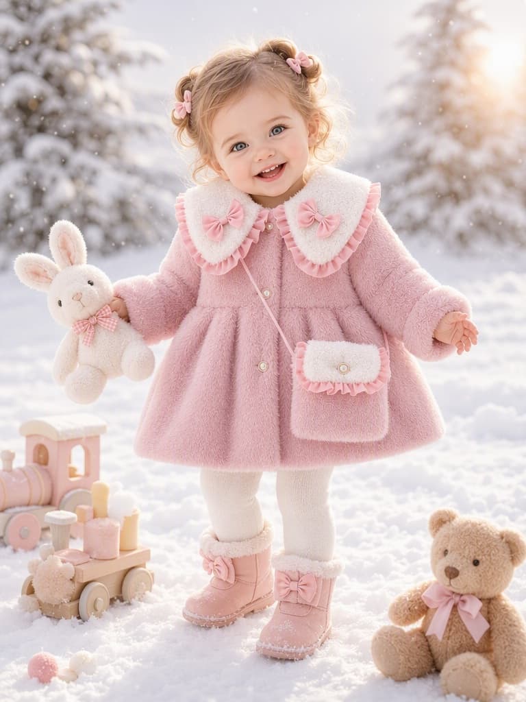 Winter Baby Girl Solid Color Long Sleeve Lapel Coat with Bow Decor, Comes with Matching Bag, Cute Sweet Fashion Windproof Warm Jacket for Infant Toddlers, Daily & Outdoor Casual Wear, 0-3T