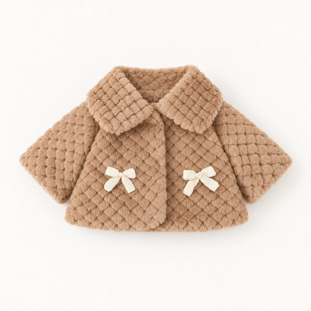 Baby Girl Autumn Winter Long Sleeve Solid Cape Coat with Square Lapel & Bow Decor, Cute Sweet Warm Jacket for Infant Toddlers, Daily & Outdoor Casual Wear, 0-3T