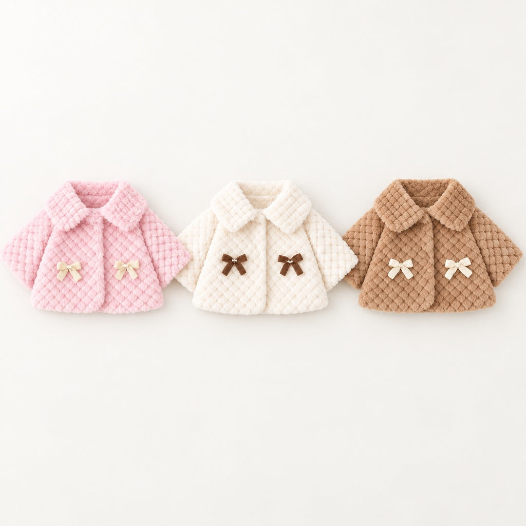 Baby Girl Autumn Winter Long Sleeve Solid Cape Coat with Square Lapel & Bow Decor, Cute Sweet Warm Jacket for Infant Toddlers, Daily & Outdoor Casual Wear, 0-3T