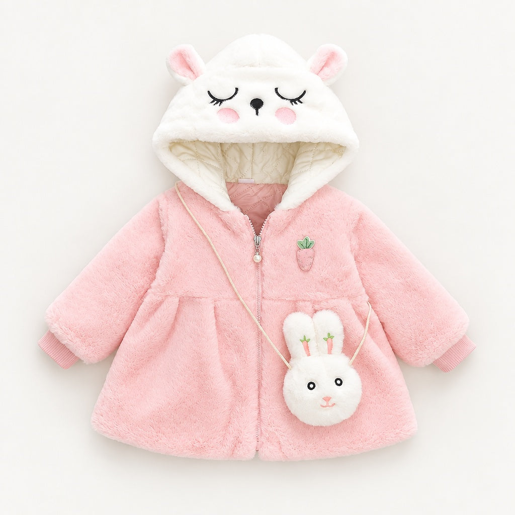 Baby Girl Solid Color Long Sleeve Hooded Coat with Bunny Design, Comes with Matching Bag, Cute Sweet Fashion Windproof Warm Jacket for Infant Toddlers, Daily & Outdoor Casual Wear, 0-3T