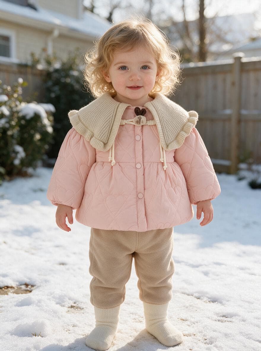 Baby Girl Solid Color Long Sleeve Winter Coat, Sweet Cute Knit Collar Warm Padded Jacket for Infant Toddlers, Daily & Outdoor Casual Wear, 0-4T