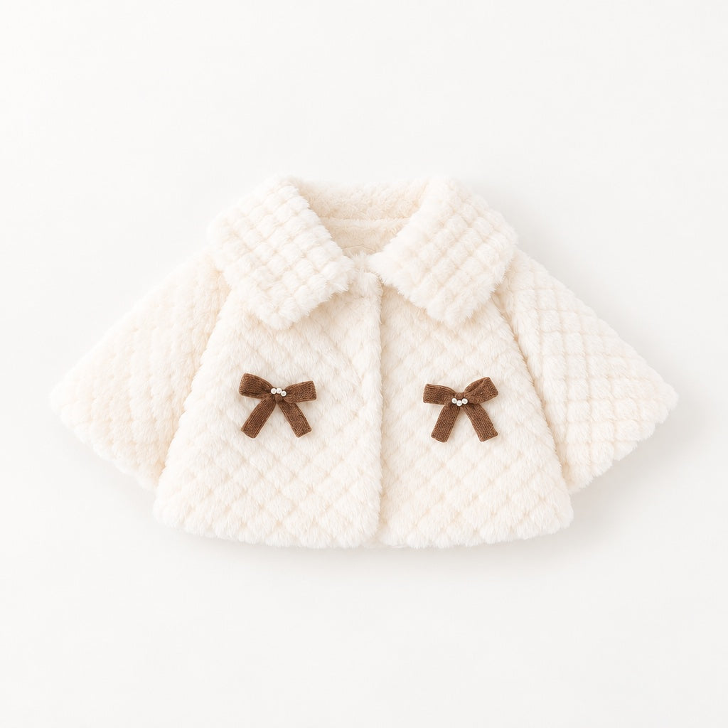 Baby Girl Autumn Winter Long Sleeve Solid Cape Coat with Square Lapel & Bow Decor, Cute Sweet Warm Jacket for Infant Toddlers, Daily & Outdoor Casual Wear, 0-3T