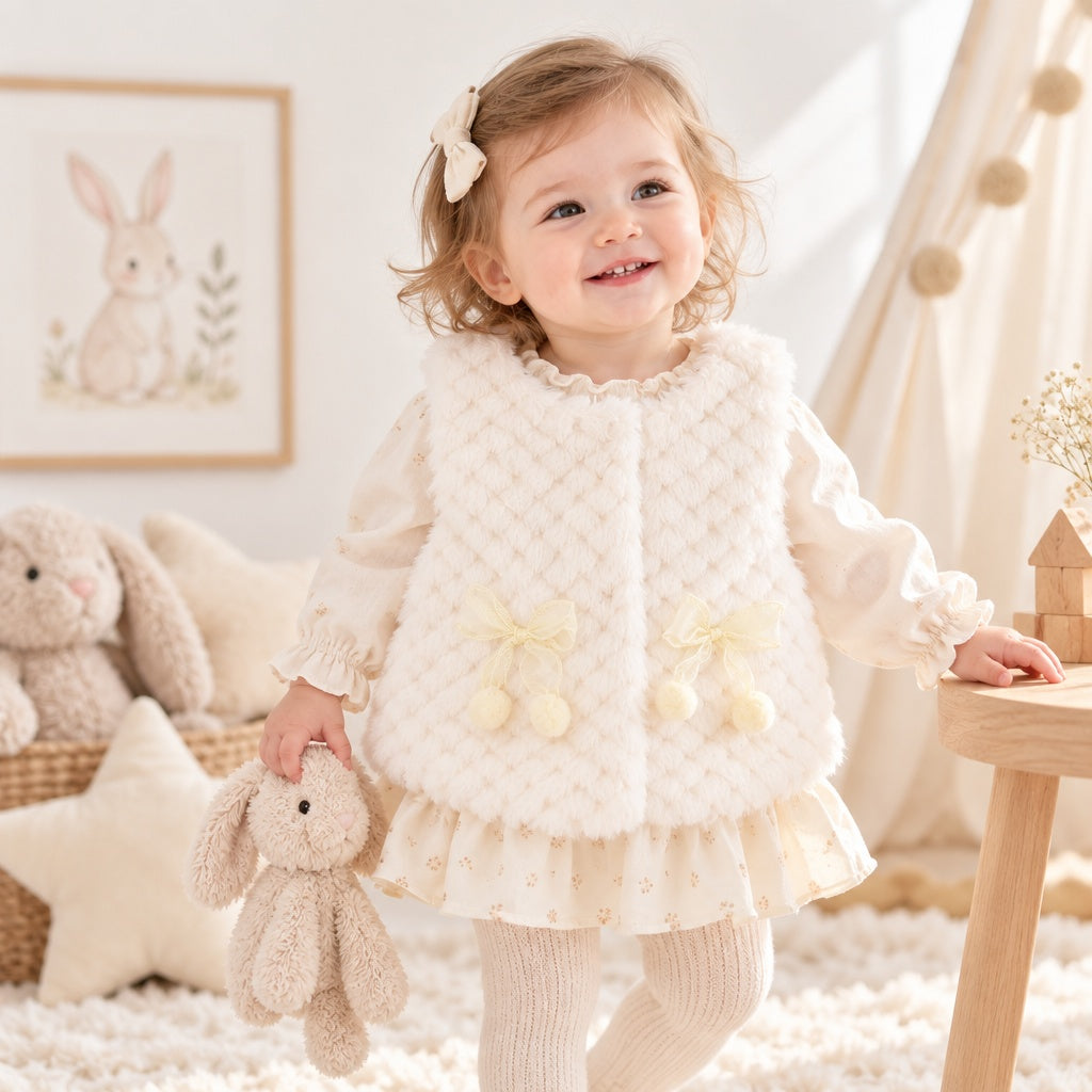 Baby Girl Solid Color Sleeveless Round Neck Vest with Bow Decor for Winter & Autumn, Cute Sweet Warm Waistcoat, Daily & Outdoor Casual Wear, 0-3T