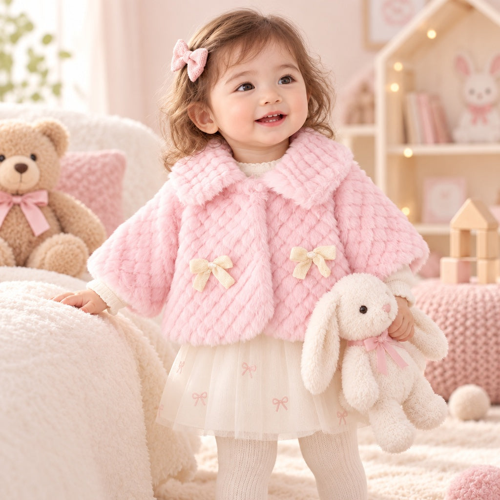Baby Girl Autumn Winter Long Sleeve Solid Cape Coat with Square Lapel & Bow Decor, Cute Sweet Warm Jacket for Infant Toddlers, Daily & Outdoor Casual Wear, 0-3T
