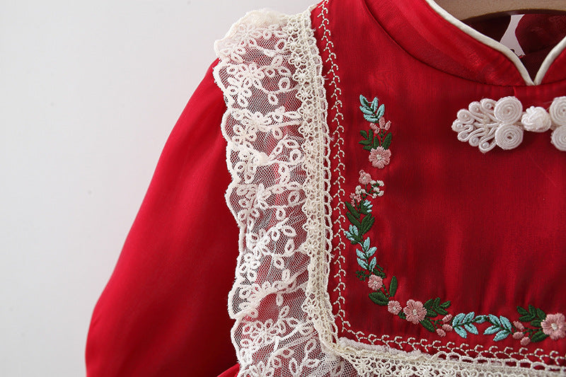 Baby Girl Long Sleeve Chinese Style Floral Dress for Spring & Autumn, Cute Sweet Fashion Warm Outfit, Daily & Outdoor Casual Wear, 0-3T