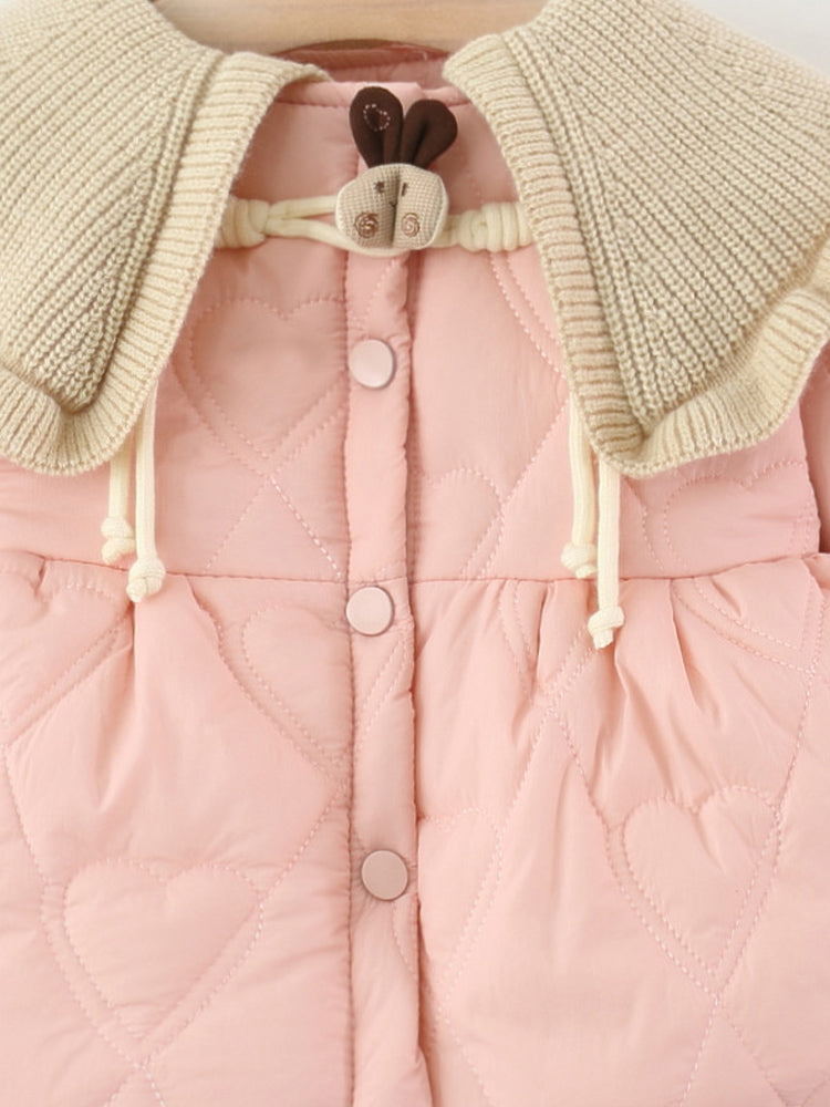 Baby Girl Solid Color Long Sleeve Winter Coat, Sweet Cute Knit Collar Warm Padded Jacket for Infant Toddlers, Daily & Outdoor Casual Wear, 0-4T
