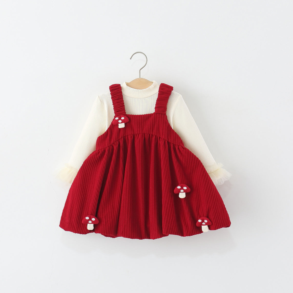 2-Piece Set Baby Girl Autumn Winter Round Neck Long Sleeve Dress with Mushroom Pattern, Cute Sweet Warm Outfit for Infant Toddlers, Daily & Outdoor Casual Wear, 0-3T
