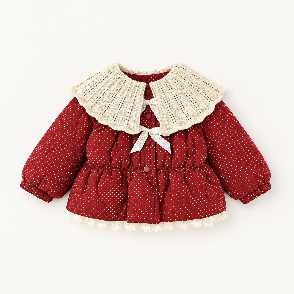 Baby Girl Red Polka Dot Winter Jacket | Lace Big Collar Long Sleeve Warm Windproof Coat, Children's Clothing for Christmas, Thanksgiving, New Year, Daily & Outdoor Wear  0-4T