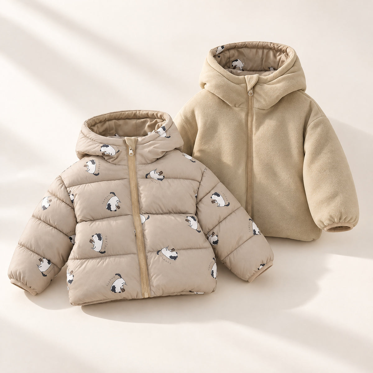 Autumn Winter Baby Girl Fleece Jacket Thermal Hooded Long-sleeved Boy Jacket Thickened Windproof Double-sided Wear Neutral Outdoor Leisure Sports Cotton Clothes