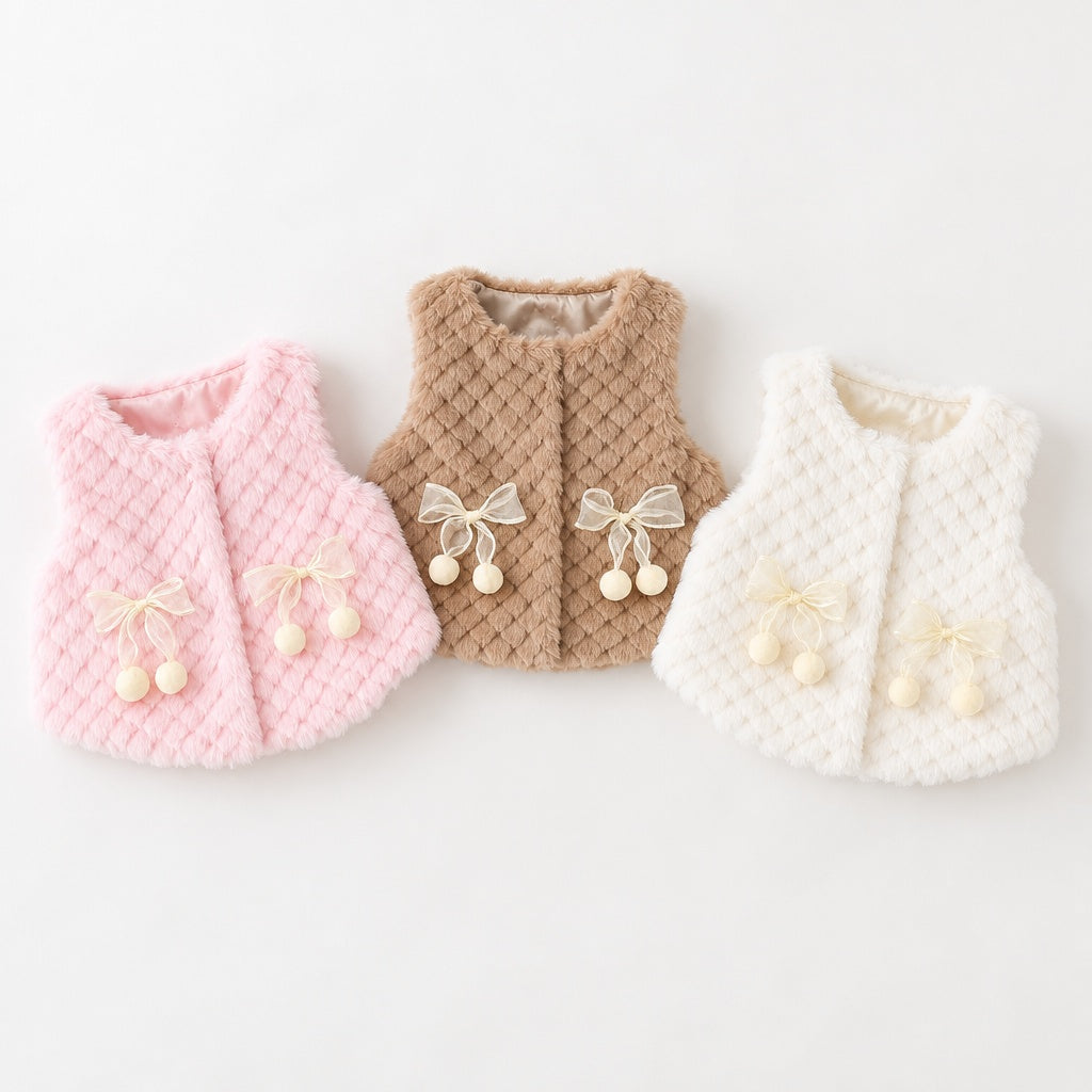 Baby Girl Solid Color Sleeveless Round Neck Vest with Bow Decor for Winter & Autumn, Cute Sweet Warm Waistcoat, Daily & Outdoor Casual Wear, 0-3T