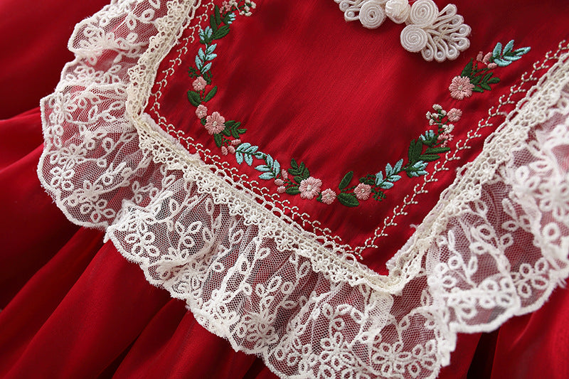 Baby Girl Long Sleeve Chinese Style Floral Dress for Spring & Autumn, Cute Sweet Fashion Warm Outfit, Daily & Outdoor Casual Wear, 0-3T
