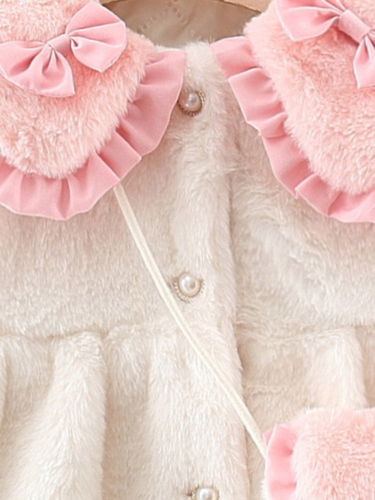 Winter Baby Girl Solid Color Long Sleeve Lapel Coat with Bow Decor, Comes with Matching Bag, Cute Sweet Fashion Windproof Warm Jacket for Infant Toddlers, Daily & Outdoor Casual Wear, 0-3T