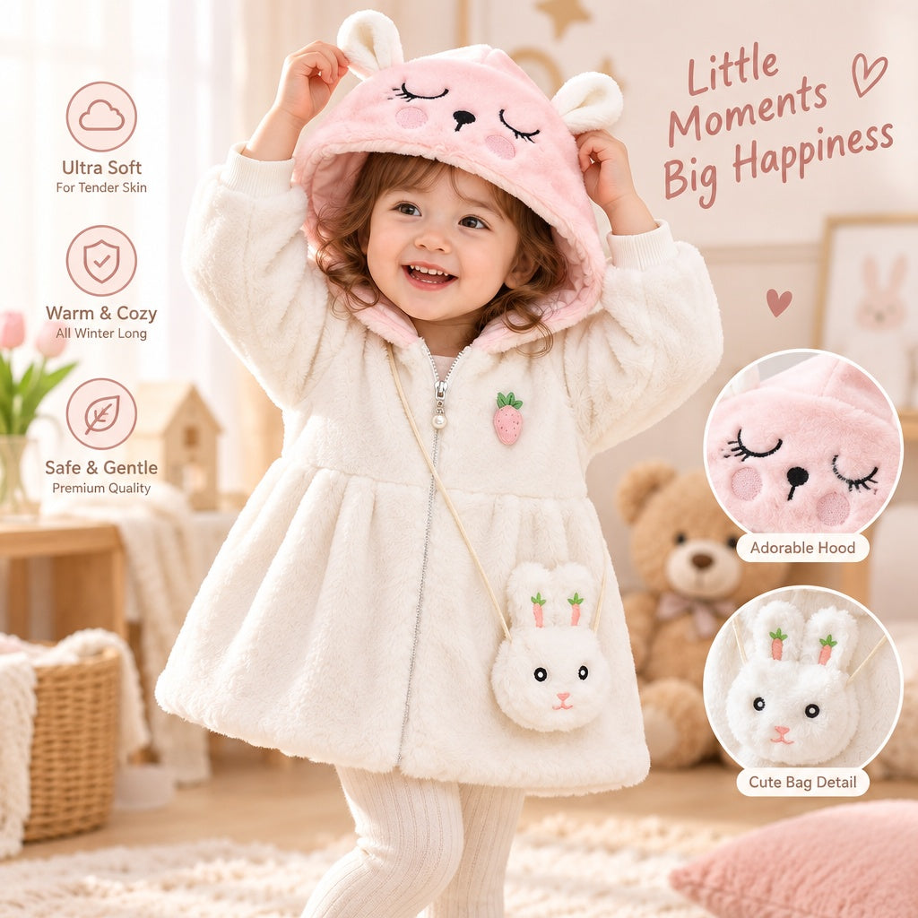 Baby Girl Solid Color Long Sleeve Hooded Coat with Bunny Design, Comes with Matching Bag, Cute Sweet Fashion Windproof Warm Jacket for Infant Toddlers, Daily & Outdoor Casual Wear, 0-3T