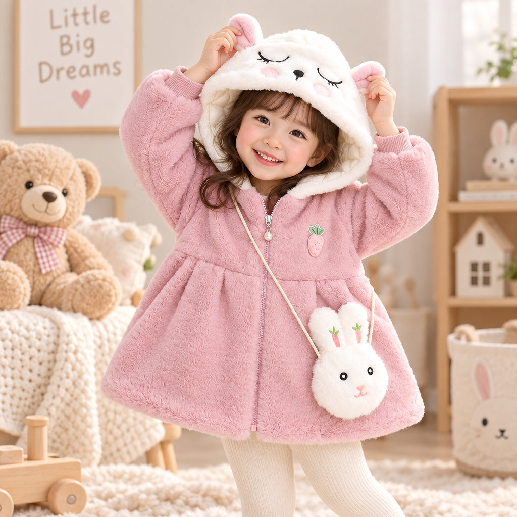 Baby Girl Solid Color Long Sleeve Hooded Coat with Bunny Design, Comes with Matching Bag, Cute Sweet Fashion Windproof Warm Jacket for Infant Toddlers, Daily & Outdoor Casual Wear, 0-3T
