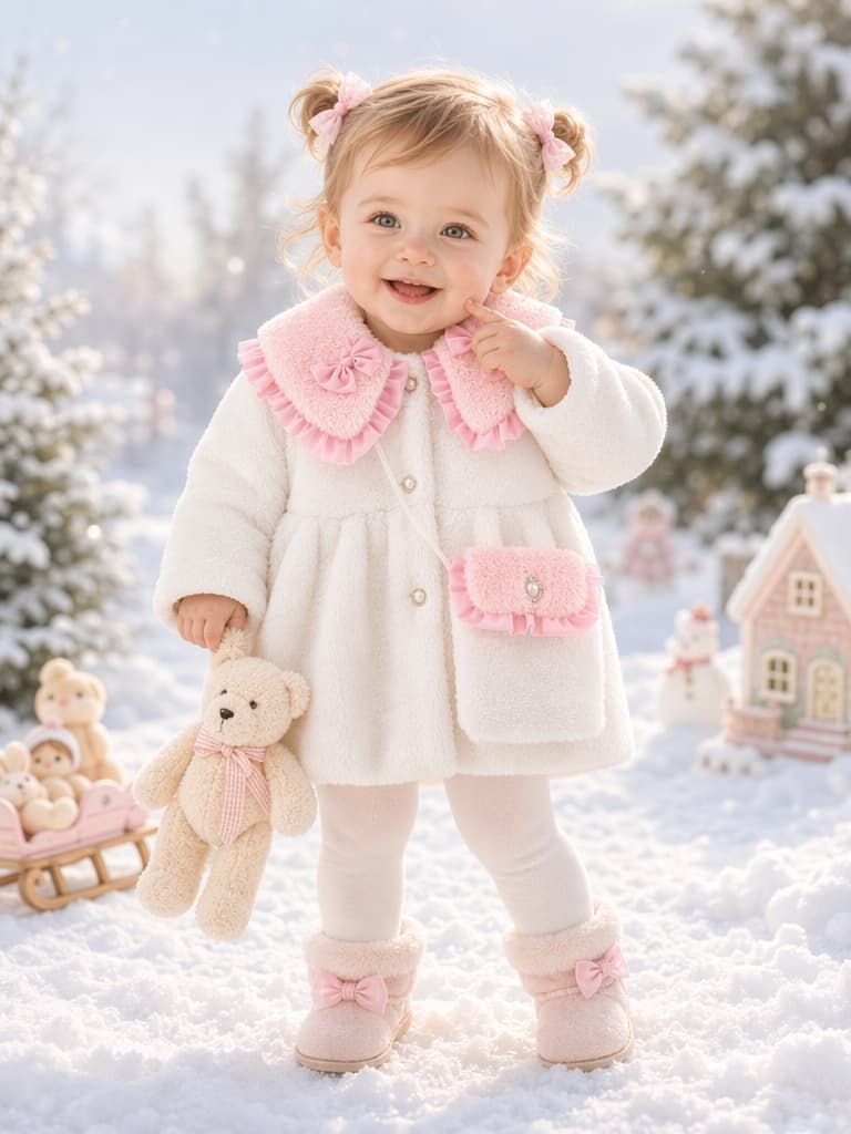 Winter Baby Girl Solid Color Long Sleeve Lapel Coat with Bow Decor, Comes with Matching Bag, Cute Sweet Fashion Windproof Warm Jacket for Infant Toddlers, Daily & Outdoor Casual Wear, 0-3T
