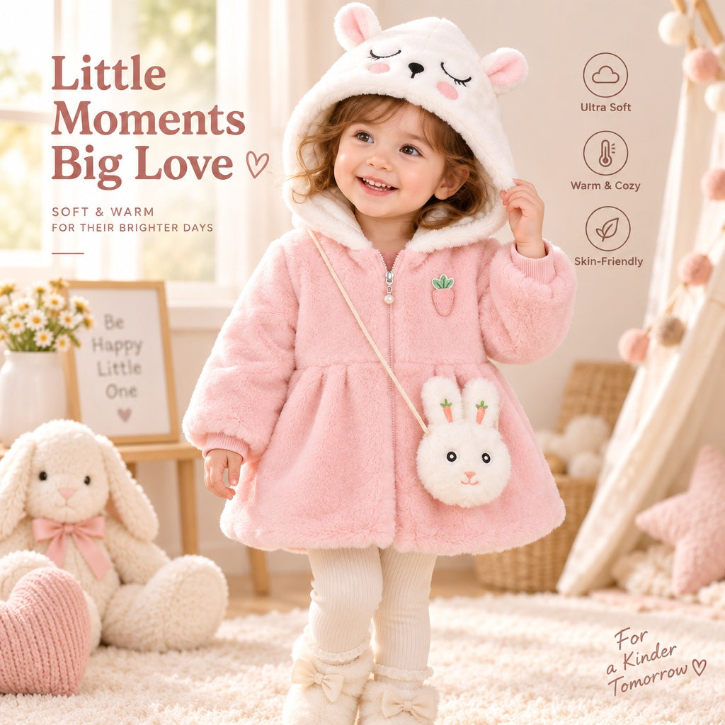Baby Girl Solid Color Long Sleeve Hooded Coat with Bunny Design, Comes with Matching Bag, Cute Sweet Fashion Windproof Warm Jacket for Infant Toddlers, Daily & Outdoor Casual Wear, 0-3T